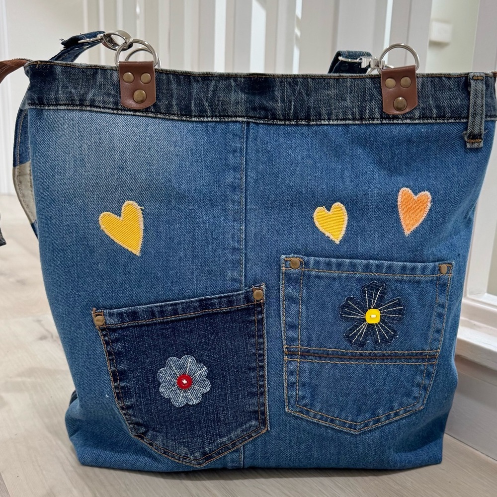 Handmade Upcycled Denim Tote Bag – Dragonfly & Patchwork Design - Picture 5 of 15